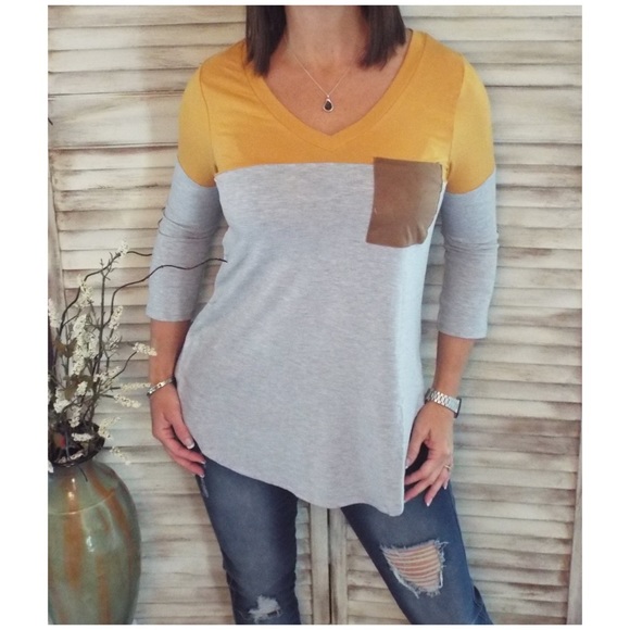 Color Block Suede Pocket & Elbow Yellow 2519 - Picture 2 of 6